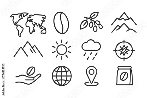 Coffee Origin Icons. Coffee bean origin map. Line outline icon set of coffee bean origin map: world map,