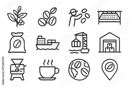 Coffee Bean Journey. Coffee bean journey. Line outline icon set of coffee bean journey: plant, berry, harvest,
