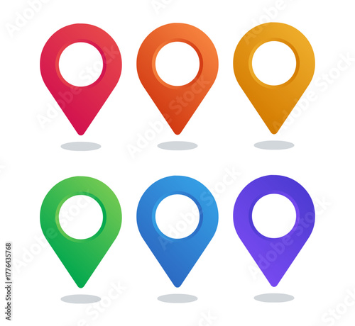 “Colorful map location pin icon set, flat vector style, clean teardrop markers with shadow accents”

