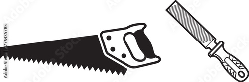 Black and White Vector Icons of Hand Saw and Metal File Tools