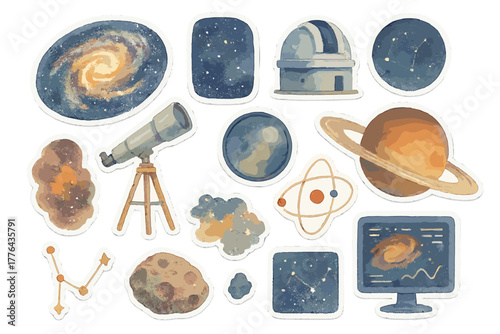 Cosmic Watercolor Stickers. Galaxy Observation. Realistic hand-painted watercolor style sticker sheet of