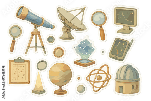 Watercolor Astronomy Stickers. Astronomical Instruments. Realistic hand-painted watercolor style sticker sheet