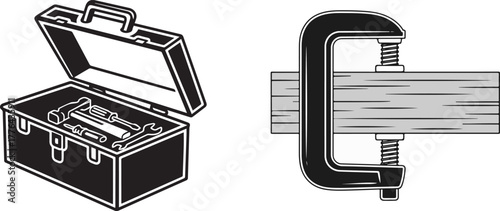 Black and white vector illustrations of open toolbox with tools and wood clamp.