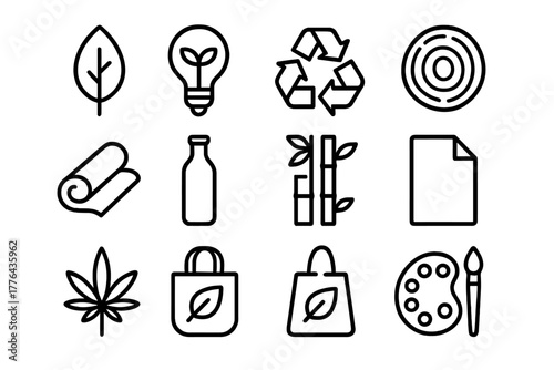 Eco Design Icons. Inspirational design with ecology materials. Line outline icon set of inspirational design