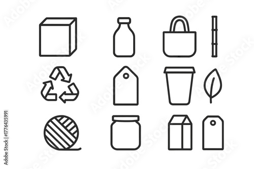 Eco Packaging Icons. Eco product packaging. Line outline icon set of eco product packaging: paper box, glass