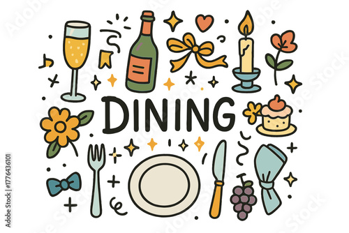 Elegant Dining Doodle. Fine dining. Hand-drawn doodle illustration of fine dining. Champagne glass, wine