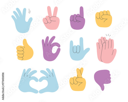 Set of colorful hands with different gestures. Doodle style.