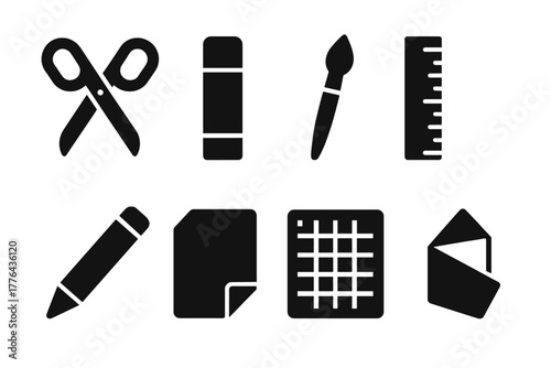 DIY Craft Icons. DIY Crafts. Filled icon set of DIY Crafts: scissors, glue stick, brush, ruler, pencil, paper