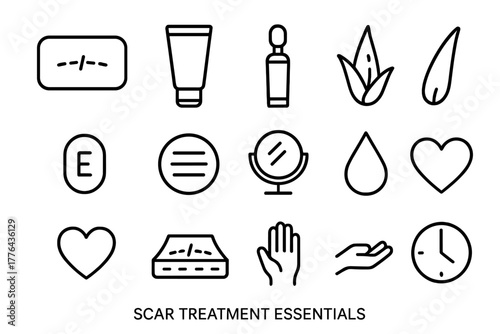 Scar Treatment Icons. Scar treatment essentials. Line outline icon set of scar treatment essentials: silicone