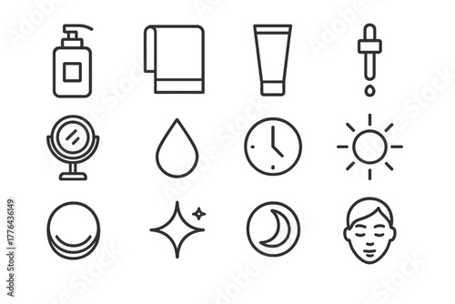 Healthy Skin Routine Icons. Healthy skin routine. Line outline icon set of healthy skin routine: cleanser