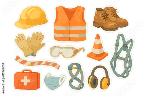 Watercolor Construction Stickers. Construction Safety. Realistic hand-painted watercolor style sticker sheet