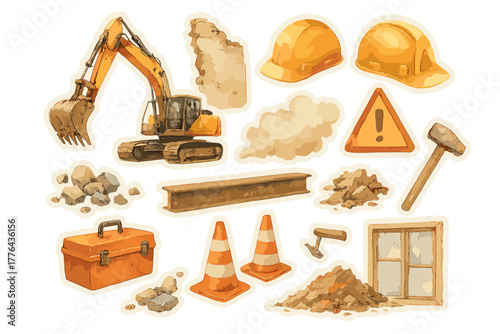 Demolition Sticker Sheet. Demolition Site. Realistic hand-painted watercolor style sticker sheet of demolition
