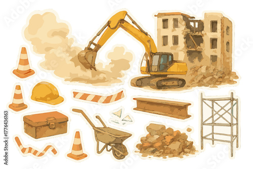 Urban Demolition Stickers. Urban Demolition Scene. Realistic hand-painted watercolor style sticker sheet of an
