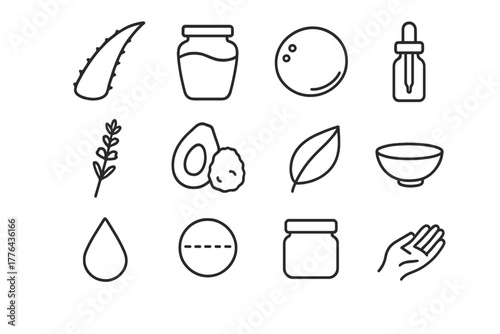 Natural Scar Remedies. Natural scar remedies. Line outline icon set of natural scar remedies: aloe vera leaf,