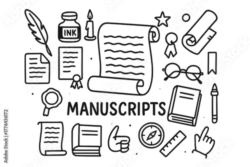 Ancient Manuscripts Doodle. Manuscripts. Hand-drawn doodle illustration of Manuscripts. In the middle, one