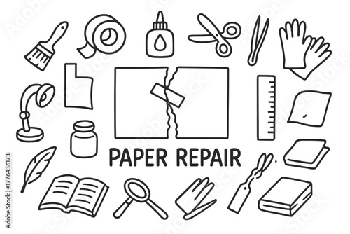 Paper Repair Doodle. Paper Repair. Hand-drawn doodle illustration of Paper Repair. In the middle, one slightly