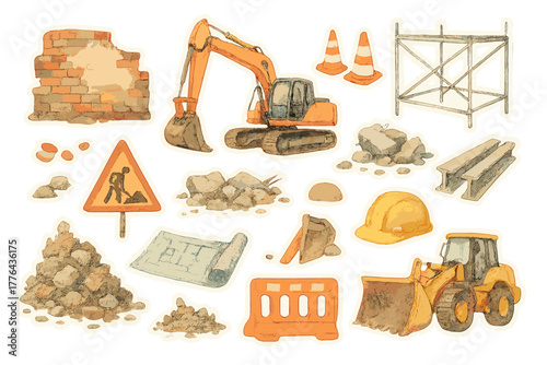 Urban Renewal Stickers. Urban Renewal. Realistic hand-painted watercolor style sticker sheet of urban renewal: