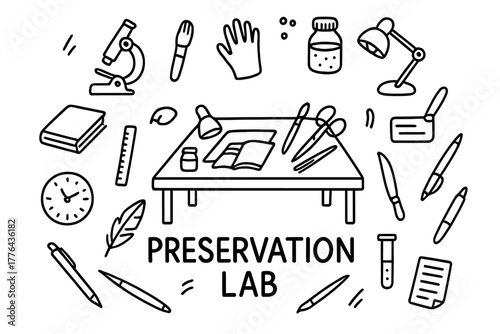 Preservation Lab Doodle. Preservation Lab. Hand-drawn doodle illustration of Preservation Lab. In the middle,