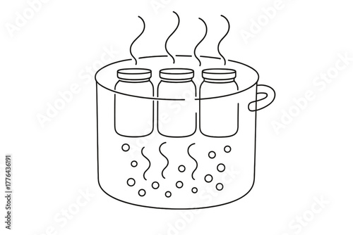 Minimalist Jars Boiling. Boiling Bath. Minimalistic one-line drawing jars submerged in bubbling pot for