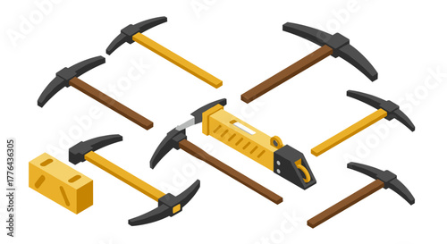 Isometric construction tools set with pickaxes, jackhammer, and brick