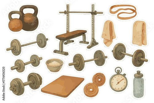 Watercolor Gym Stickers. Weightlifting Studio. Realistic hand-painted watercolor style sticker sheet of a