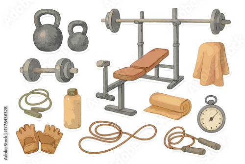 Watercolor Gym Stickers. Gym Equipment. Realistic hand-painted watercolor style sticker sheet of gym equipment