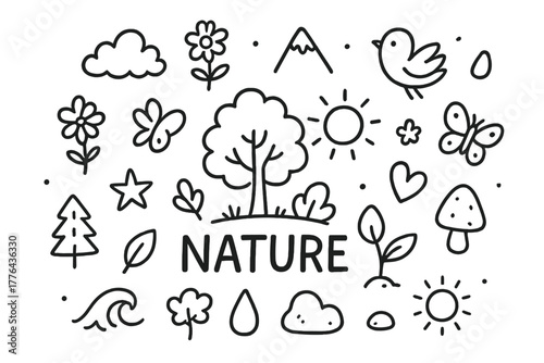 Nature Doodle Art. Nature. Hand-drawn doodle illustration of Nature. In the middle, one slightly larger