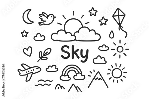 Doodle Sky Elements. Sky. Hand-drawn doodle illustration of Sky. In the middle, one slightly larger central