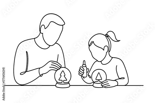 Snow Globe Crafting. Family Craft Time. Minimalistic one-line drawing parent and child decorating snow globes