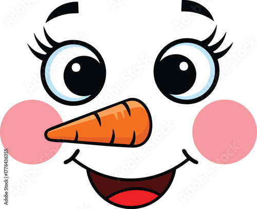 Cute snowman face with carrot nose and pink cheeks