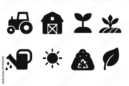 Sustainable Farming Icons. Sustainable Farming. Filled icon set of Sustainable Farming: tractor, barn, plant