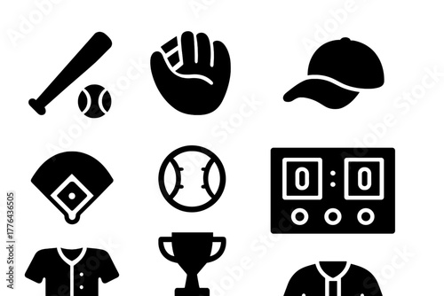 Baseball Icons Set. Baseball Weekend. Filled icon set of Baseball Weekend: baseball bat, glove, ball, cap,