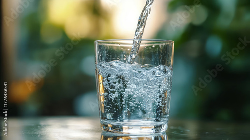 Pure water poured into a glass on the table – a healthy living concept.