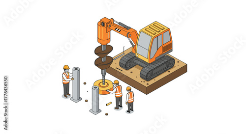 Construction site with workers and excavator in isometric style for industrial projects