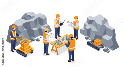 Isometric construction team analyzing rock formation with machinery in quarry