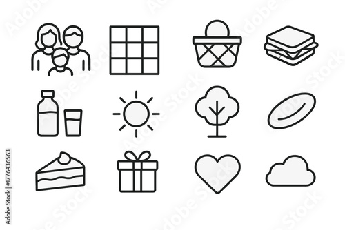 Family Picnic Icons. Family picnic day. Line outline icon set of family picnic day: family group, blanket,