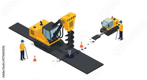 Isometric road construction with excavators and workers