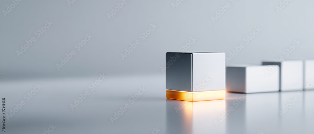 Fototapeta premium A row of cubes with the first cube glowing on a reflective surface