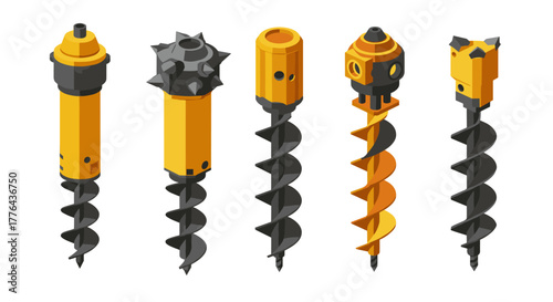 Industrial drill bits collection in isometric design for construction and engineering