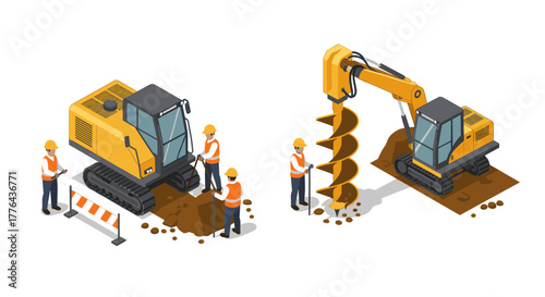 Construction equipment and workers in isometric style with excavator and drill machinery