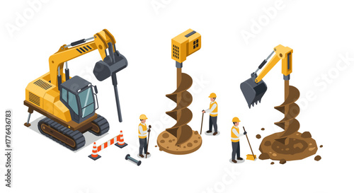 Isometric construction site with excavator and workers operating auger drills