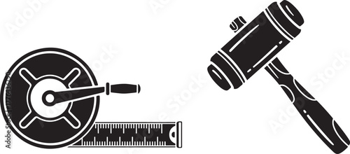 Black and White Vector Icons of Measuring Tape and Mallet Hammer Tools