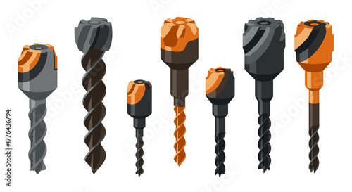 Set of isometric drill bits in various shapes and sizes on white background