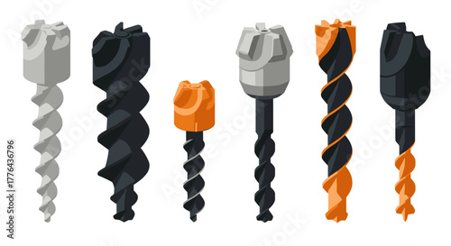 Set of colorful 3d drill bits on white background