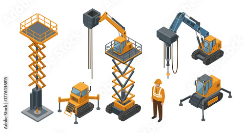 Construction equipment isometric set with crane, scissor lift, and worker