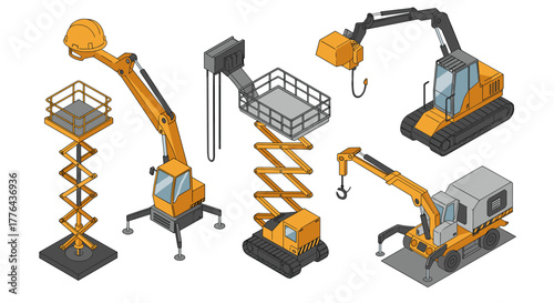 Isometric construction equipment set featuring lift and crane machinery