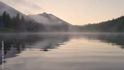 Serene lake reflecting mountains and trees at dawn with mist  