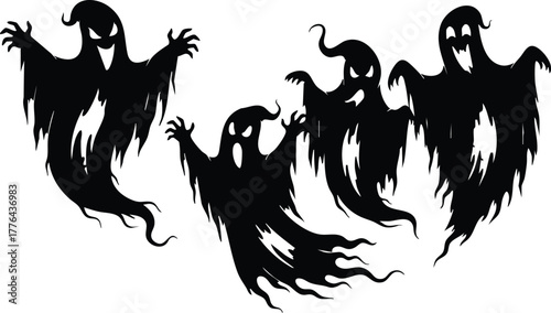 Group of spooky black silhouettes of ghosts on white background