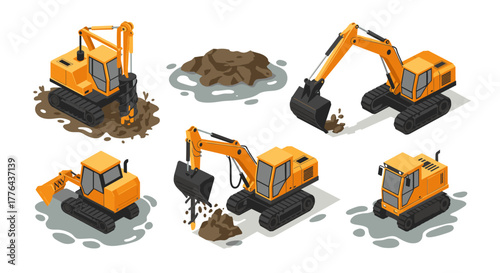 Set of isometric construction machinery on white background