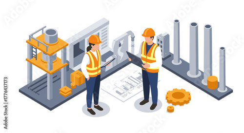 Construction planning isometric art with engineers in safety gear